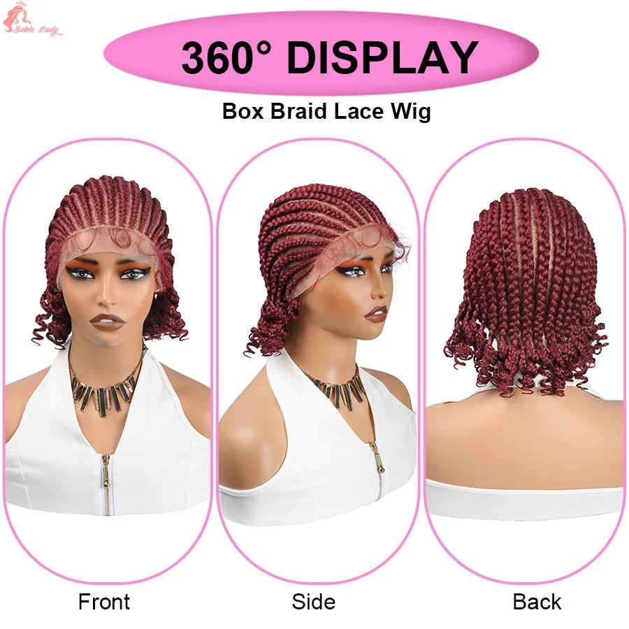 Short Bob Cornrow Braided Wigs Synthetic Full Lace Braids Wigs With Curly End For Black Women Handmade Knotless Box Braiding Wig