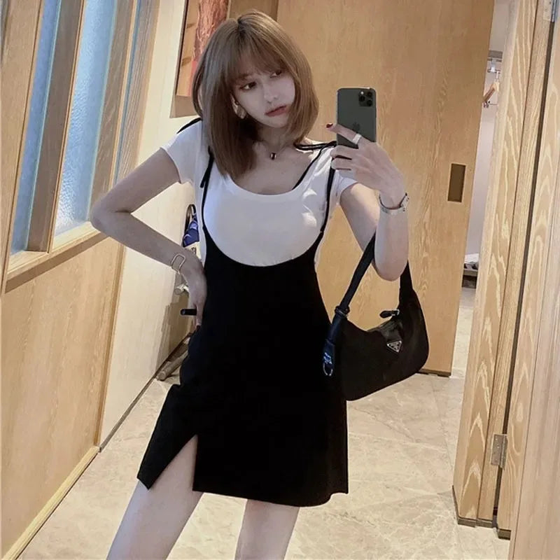 Women's 2-Piece Dress Set - Slim Fit Short Sleeve Top with Suspender Mini Skirt