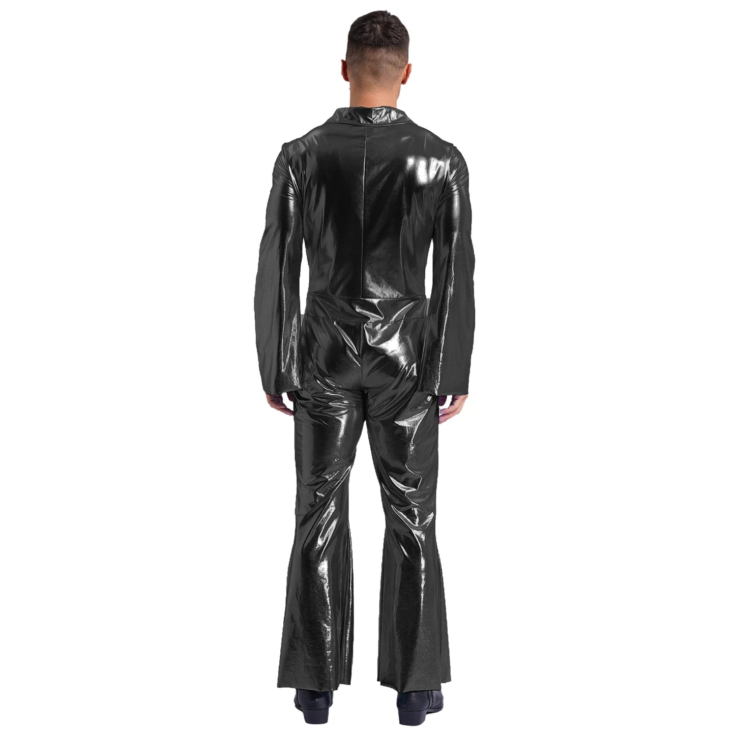 Mens 70s Disco Hippies Jazz Dance Performance Costume Metallic Shiny Unitards Jumpsuit Wide Leg Pants Rompers Vintage Clubwear