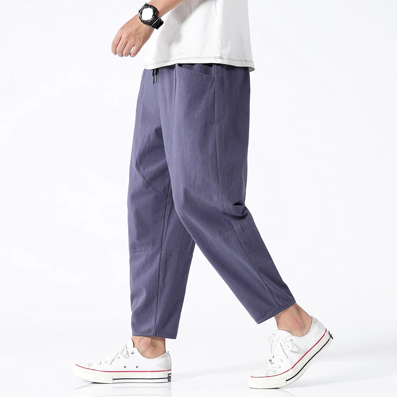 100% Cotton Men's Summer Casual Loose Pants Trendy Japanese Style Cropped Pants for plus Size Men up to 5XL
