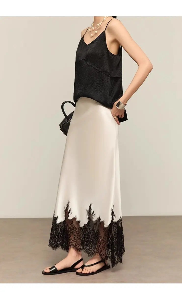Elegant Lace-Trim Satin Midi Skirt Women Summer High Wasit Wrapped Hip Slim Long Skirts Fairy Fashion Office Women Clothing New