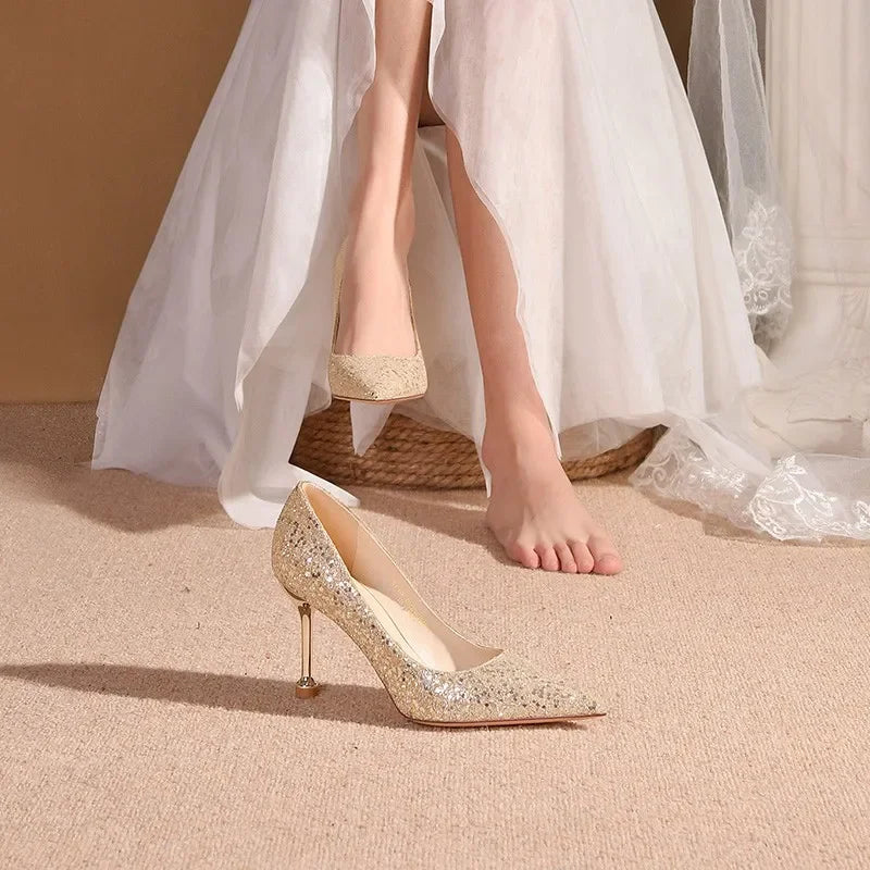 2025 New Women Pumps High Heel Metal Pointed Toe Shallow Sexy Ladies Bling Bridal Wedding Women Shoes White High Heels