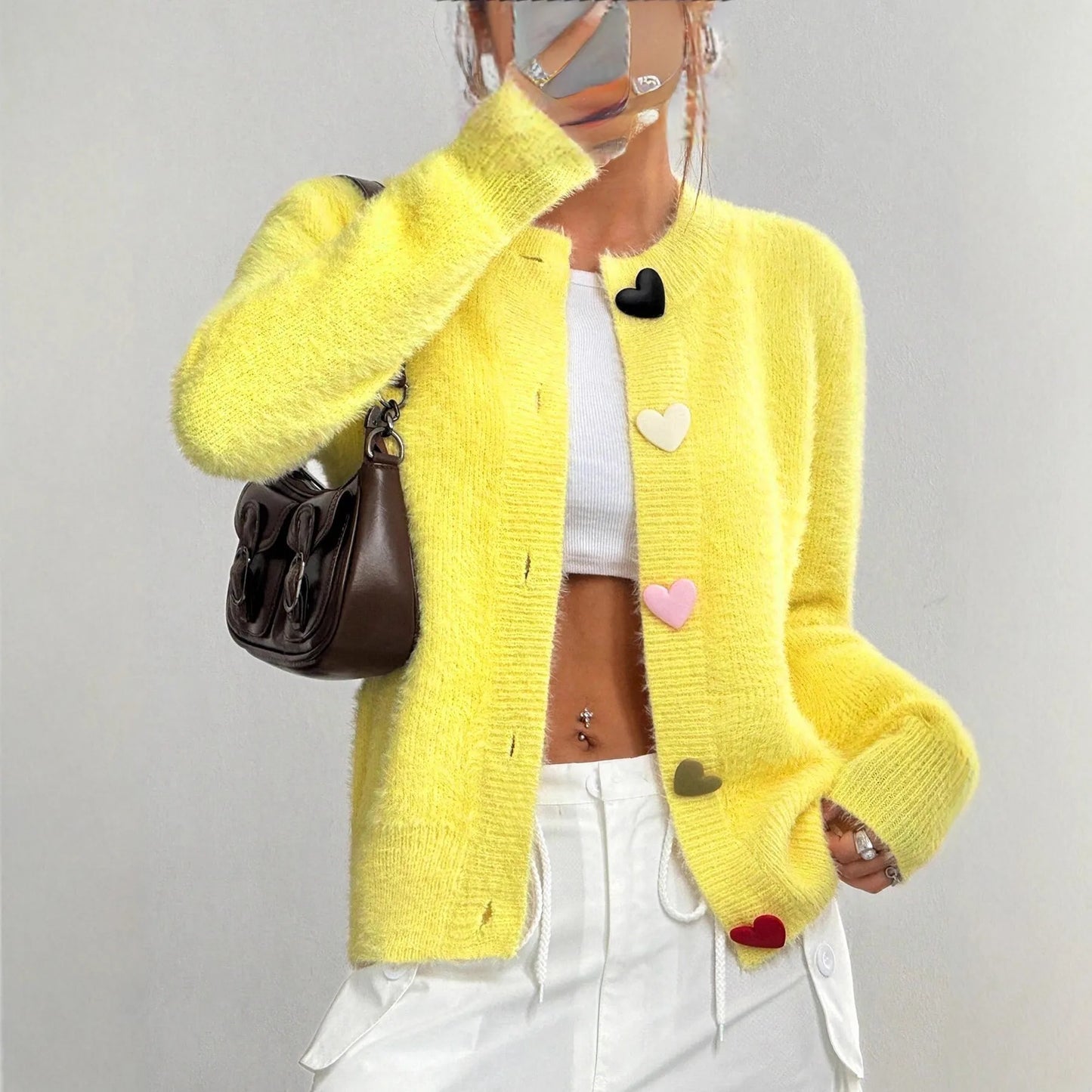 Autumn Winter Fashion Yellow Cardigan Women Heart Button Long Sleeve Knit Sweater Outerwears