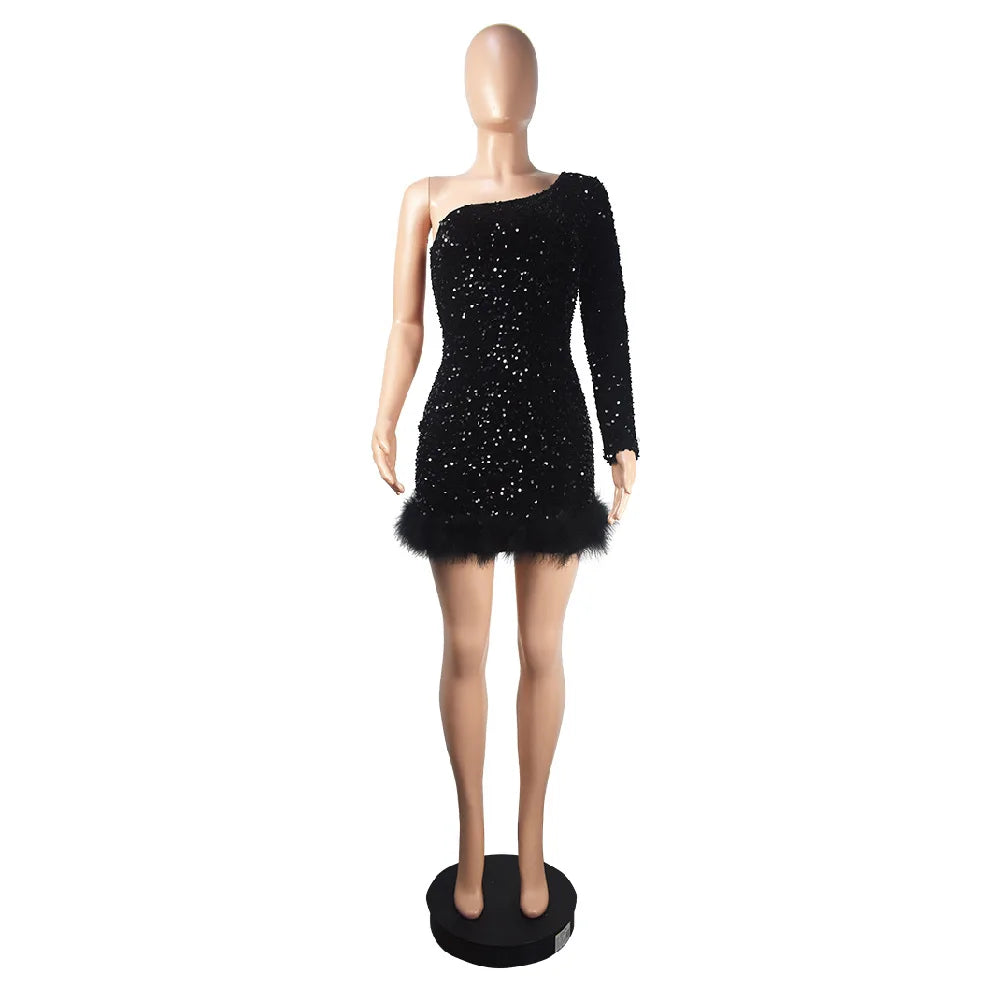 Sexy and Elegant Women's Party Dress Long Sleeved Diagonal Shoulder Off Shoulder Sparkling Edge Sequin Tight Women's Prom Dress
