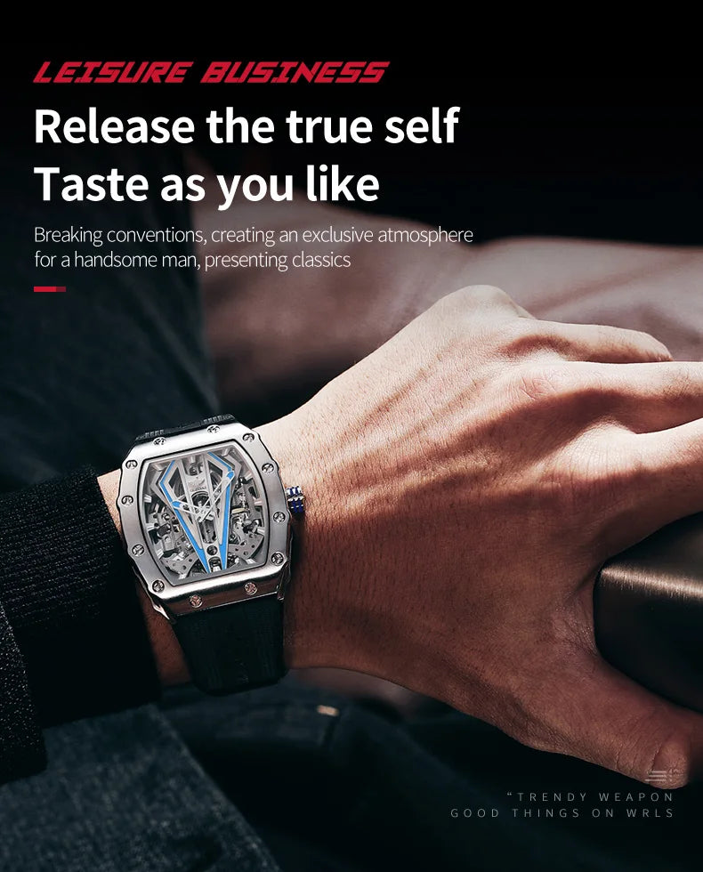 OUPINKE 3179 Automatic Watches for Man Silicone Strap Sapphire Mirror Waterproof Skeleton Tonneau Mechanical Men's Wristwatches