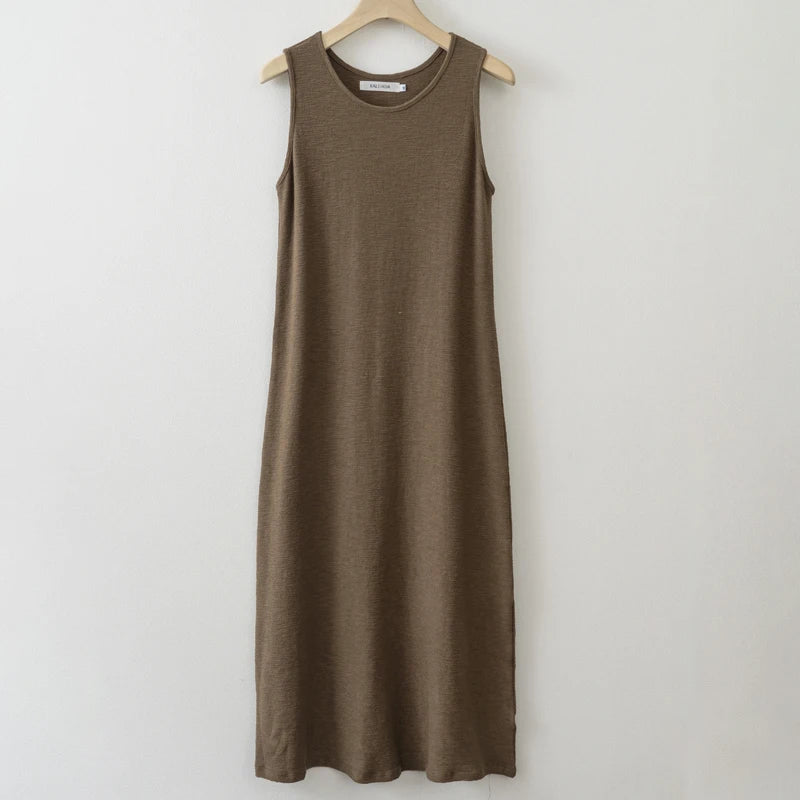 2025 Summer Women Solid Linen V Neck Sleeveless Fashion Dress Split Tank Dress