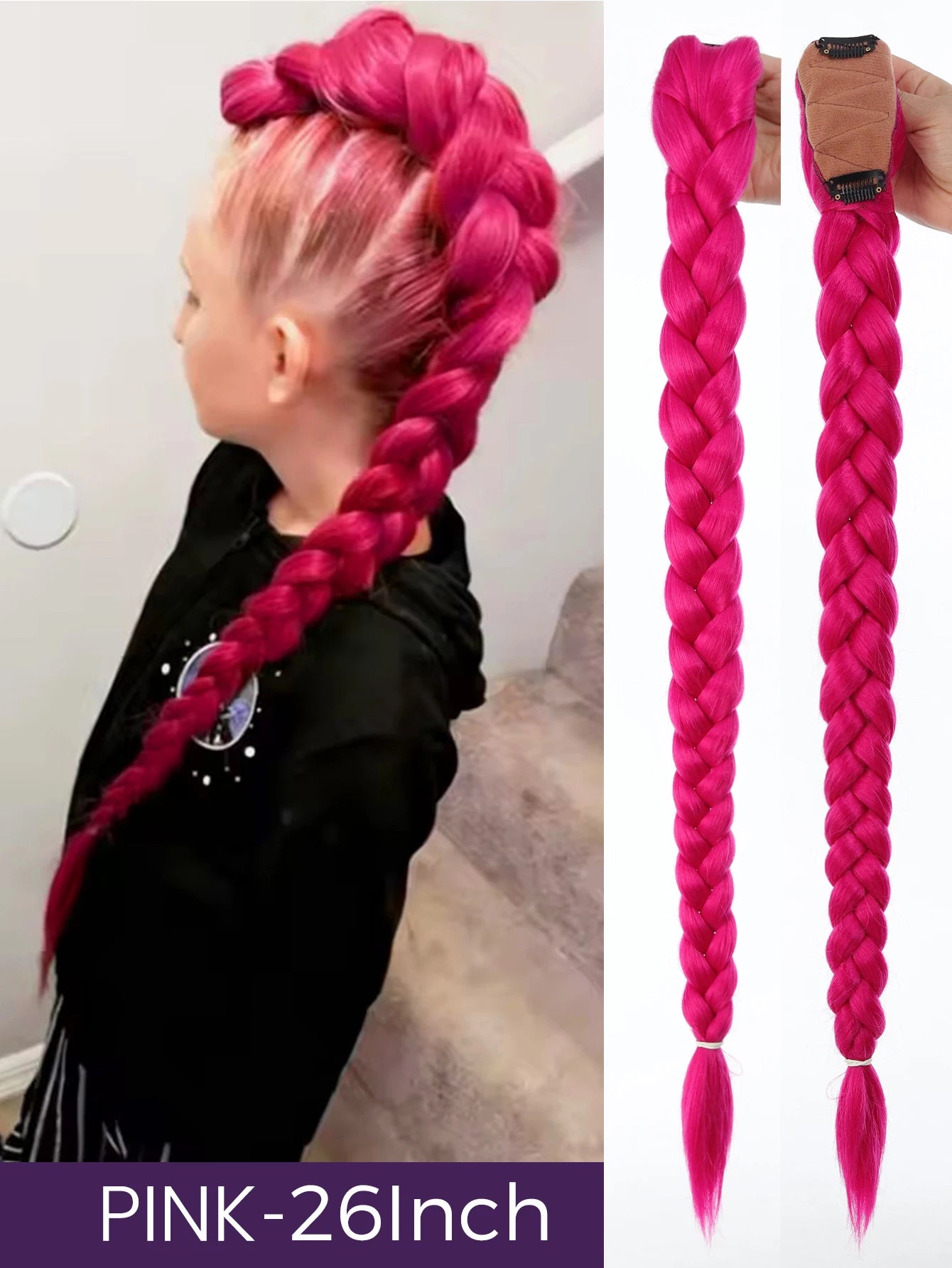 Synthetic 26inch Long Ponytail with Clips Braided Purple Hair Ponytail Rumi Costume Hairstyle for Kids Girls Halloween Christmas
