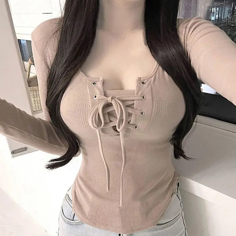 Sexy Pure Lust Style Tops Showing Busty Lace-up Spring Autumn Bottoming Shirts Curved Tight Long-sleeved T-shirts Women Pullover