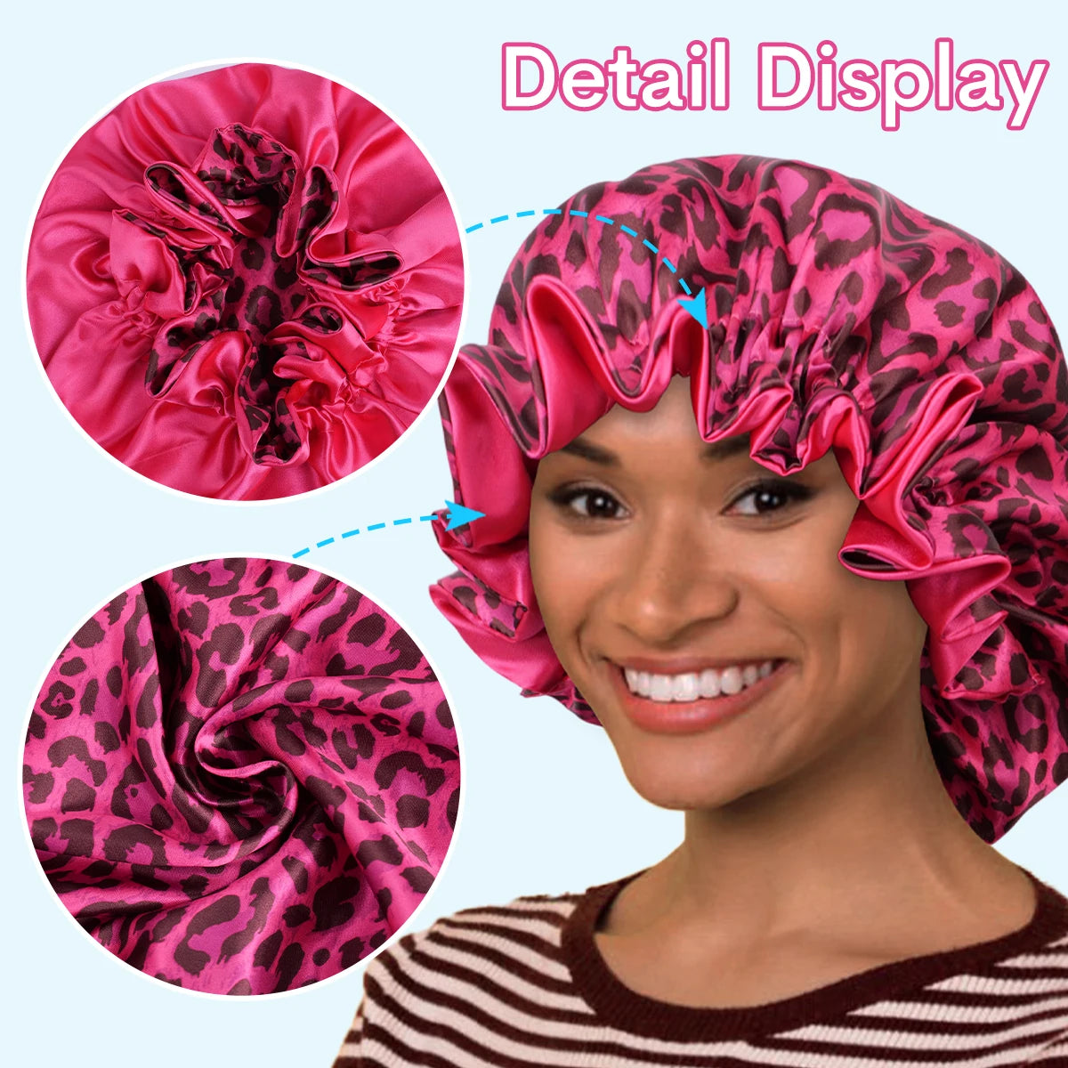4Pcs Double Layer Satin Hair Bonnet Printed Leopard Splicing Design for Curly And Straight Hair Sleeping Cap BAZAARHUBO