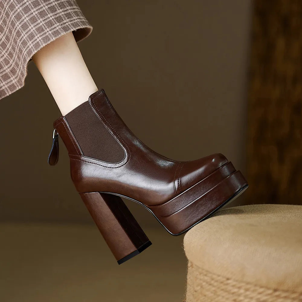 Aucegi Women Genuine Leather Back Zipper Ankle Boots Fashion Square Toe Platform Thick High Heels Party All Match Casual Shoes