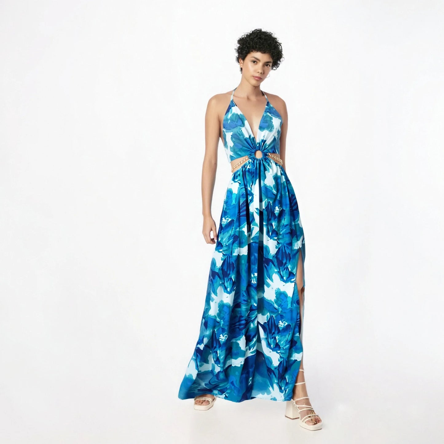 CM.YAYA Elegant Women Floral Halter V-neck Backless Cut Out Waist Chain Sleeveless High Side Split Fit Flare Maxi Long Dresses