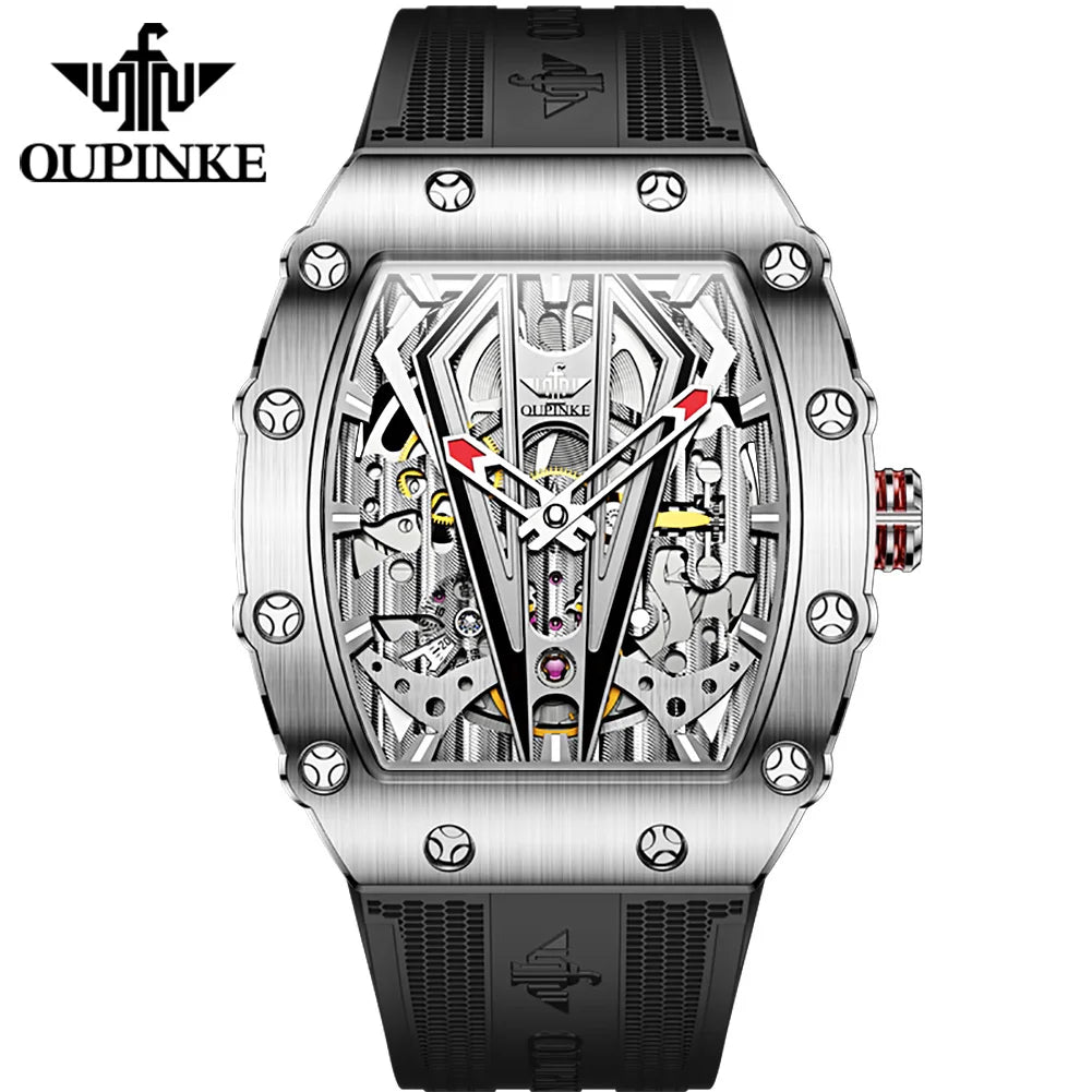 OUPINKE 3179 Automatic Watches for Man Silicone Strap Sapphire Mirror Waterproof Skeleton Tonneau Mechanical Men's Wristwatches