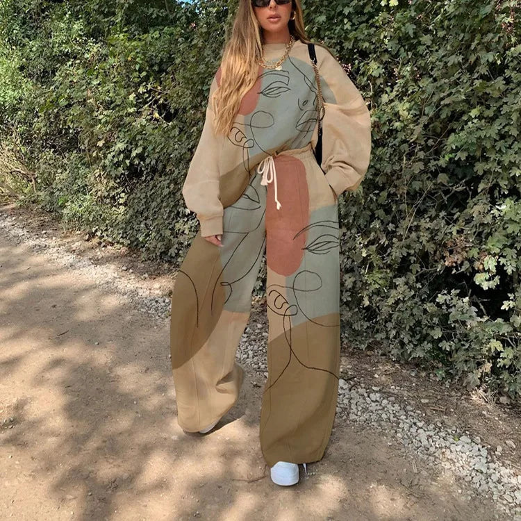 Fashion Print Oversized Tracksuit Suit Women Two Piece Pants Sets Casual Sweatshirt Trousers Streetwear 2 Piece Set Lady Outfit