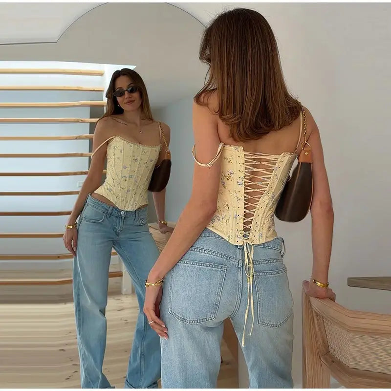 Floral Printed Fish-bone Tank Tops Women's Slim Sleeveless Back Lace-up Waist-cinching Blouses 2026 New Ladies Summer Outfit