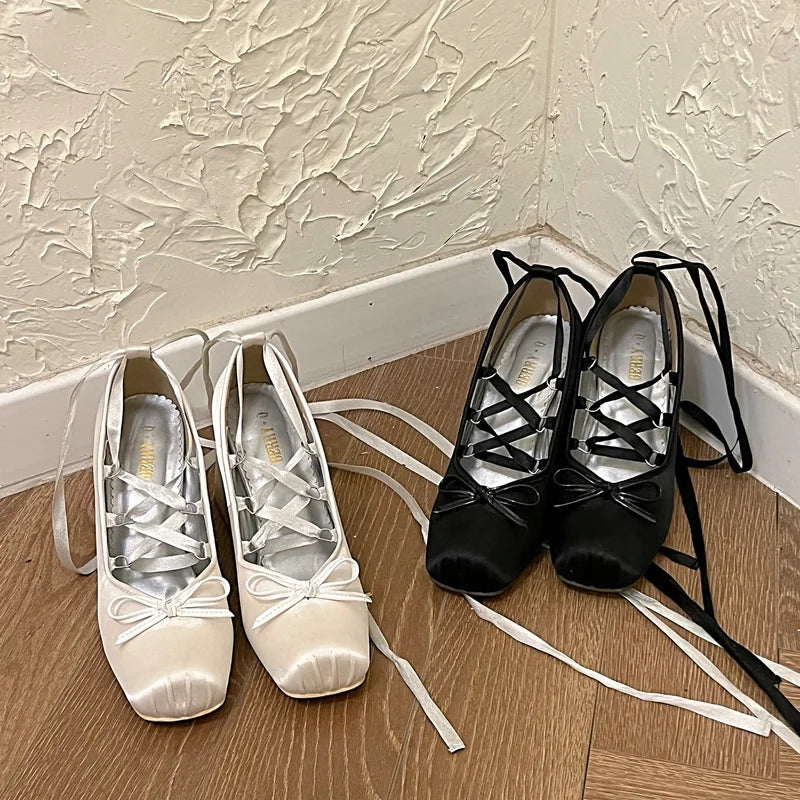 2025 Minuet Pink Mary Jane High Heels Lolita Thick Heel Satin Ribbon Ballet Sandals For Women Pumps