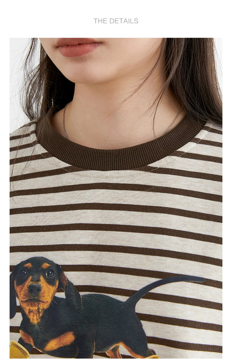 CHIC VEN New Women T-Shirts Loose Casual Round Neck Striped Dog Print Long Sleeved Female Tees Pullover Autumn Winter 2025