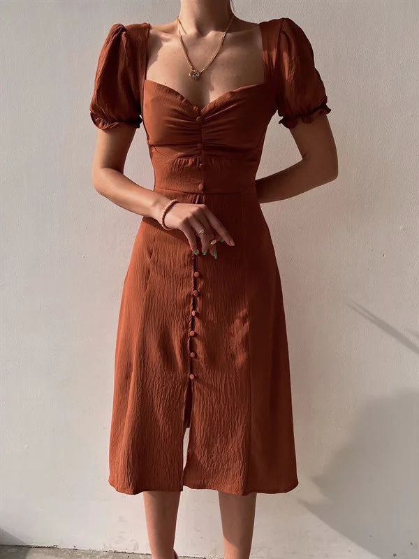 2024 Summer Fashion Summer Skirt Holiday Style Sexy Women's Dress V-neck Single Breasted Shrugged Mid Length Dress
