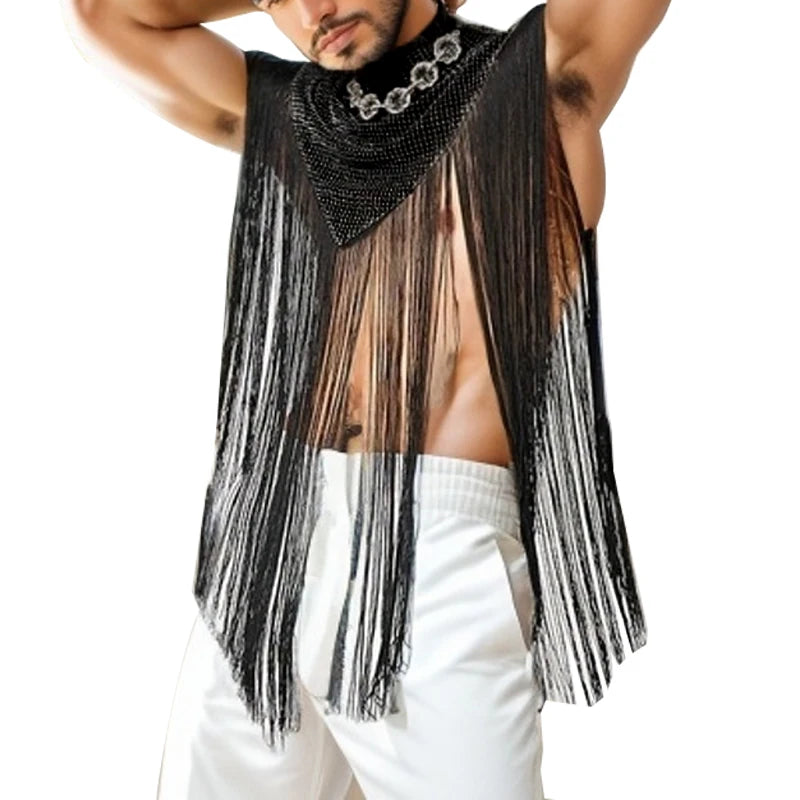 Men's Clothing Irregular Tank Tops Fashion Vests Tassel Patchwork Turtleneck Sleeveless Streetwear Leisure Sexy Cloak Ponchos