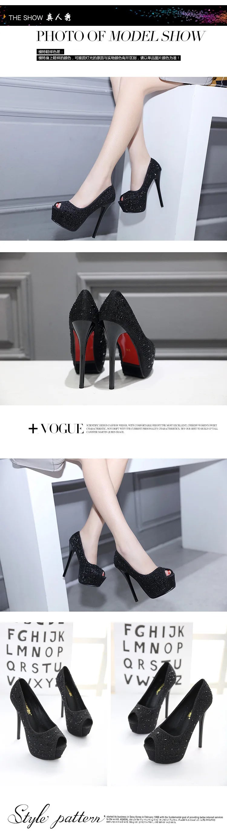 Fashion Women Super High Heels Pumps Waterproof Platform 4cm Fish Mouth Design Peep Toe Shoes Glitter Sequin Cloth Single Shoes