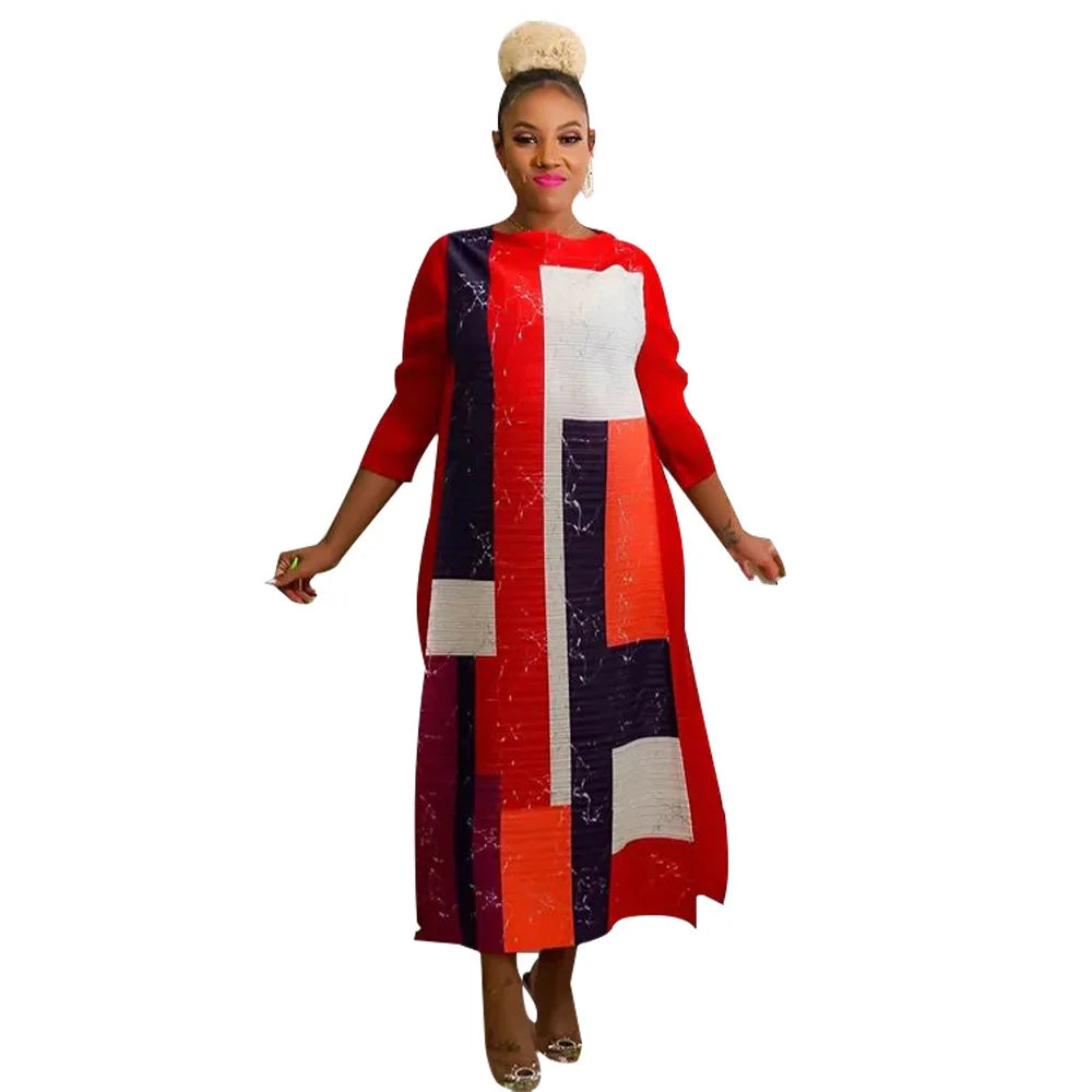 African Dresses for Women Summer Fashion Style African 3/4 Sleeve Polyester O-neck Pleated Dress Dashiki African Clothes Women