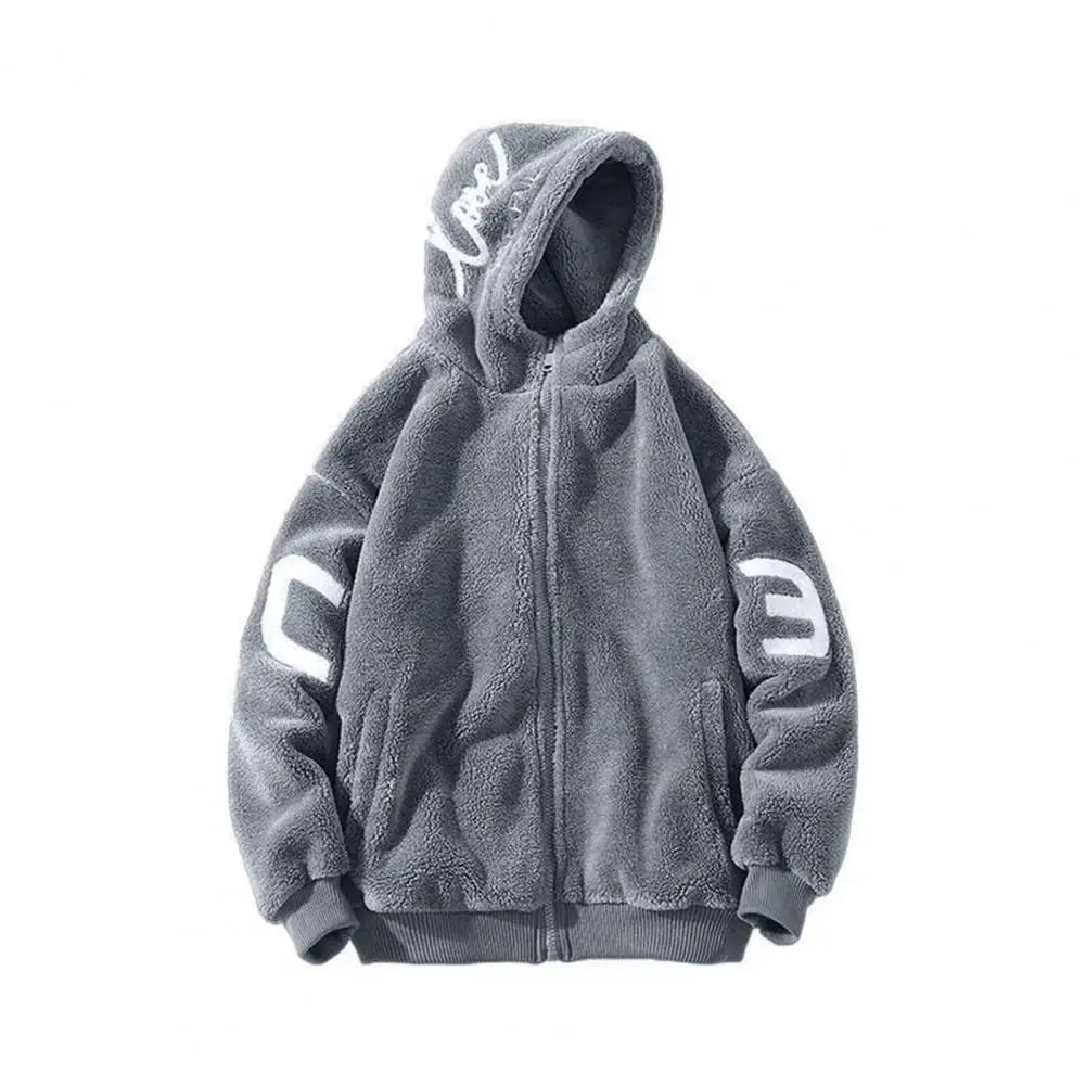 Faux Sherpa Thickened Men Jacket Zipper Closure Pockets Hooded Jackets Casual Thickened Sherpa Lining Winter Warm Men's Jackets