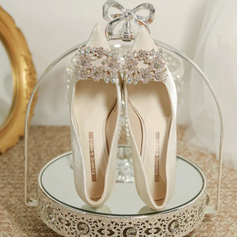 Women's Crystal Square Buckle High Heels Pumps 2024 Elegant Silk Thin Heeled Wedding Shoes Woman Slip On Pointed Toe Dress Shoes