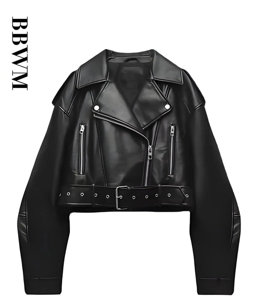 Women Oversized Vintage Loose Pu Faux Leather Short Jacket with Belt Streetwear Female Zipper Retro Moto Biker Coat Outwear