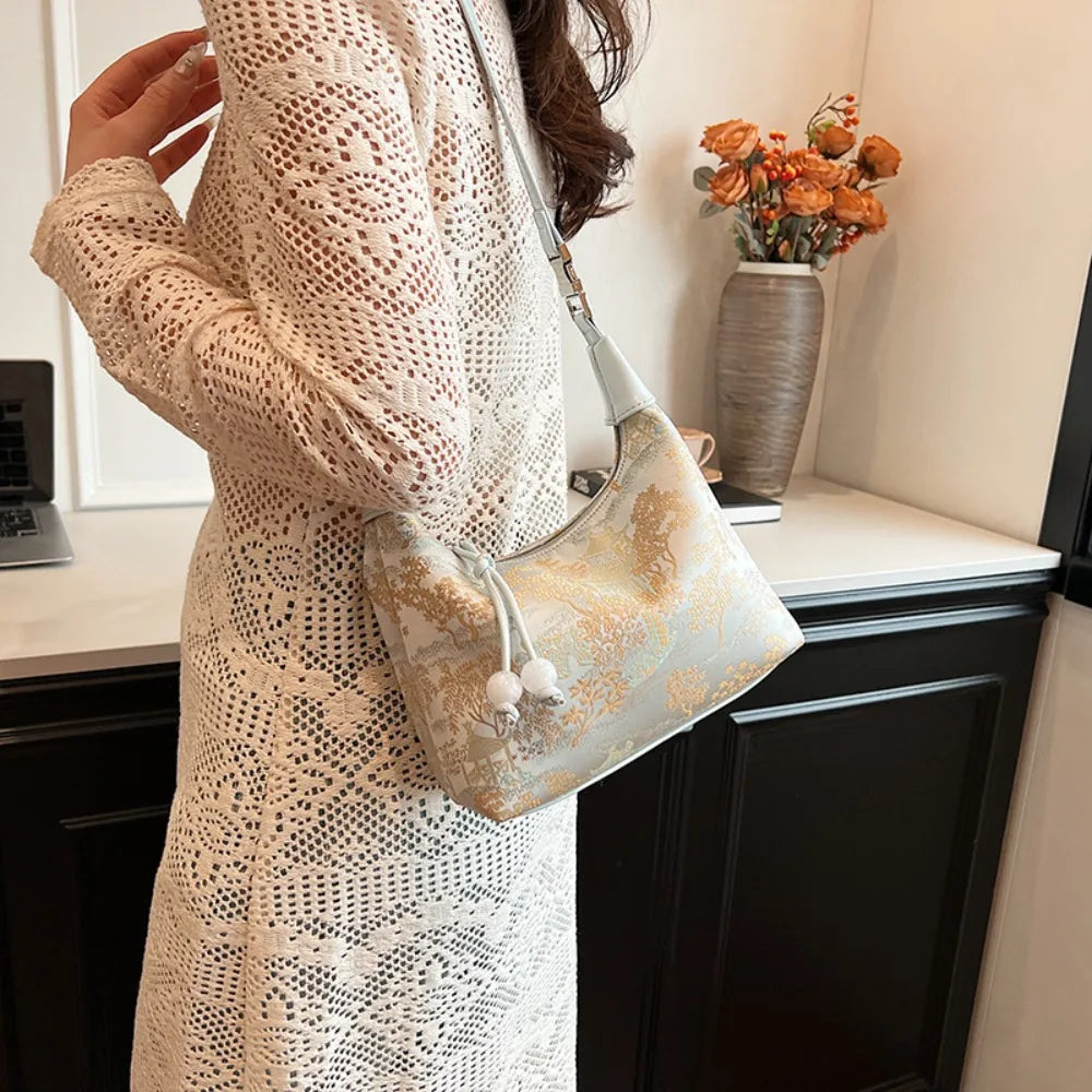 Fashion Embroidered Chinese Style Handbag Canvas Zipper Pea Purses Luxury Adjustable Cheongsam Bag Women