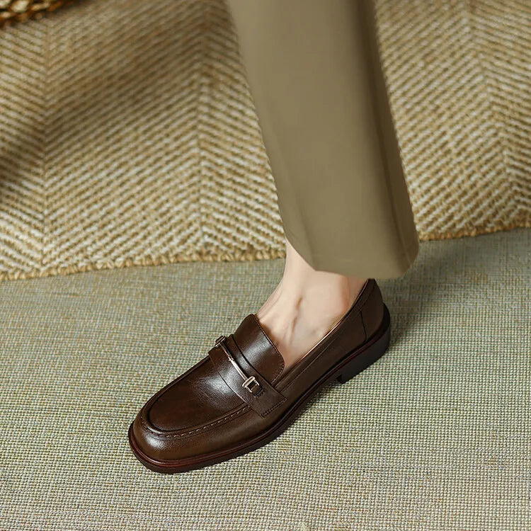 Ochanmeb Natural Leather Loafers Flat Shoes Women Brand Metal Chain Round Toe Slip-ons Flats Ladies Casual Creepers Moccasins 40
