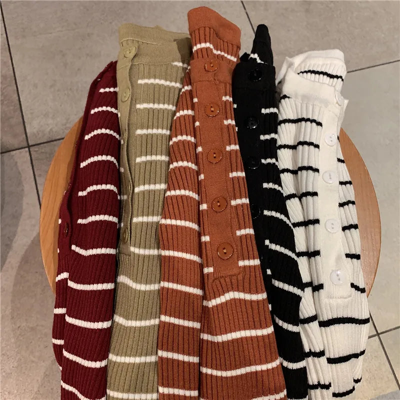 ITOOLIN Women Stripes O-neck Buttoned Up Sweaters Long Sleeve Knitted Sweater Slim Women Jumpers Tops Autumn Winter One Size