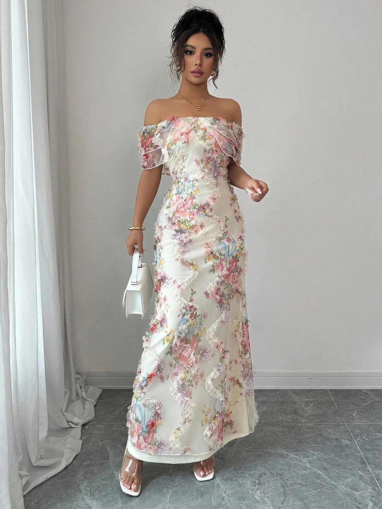 Women's Dresses Elegant and Romantic Ruffled Dress Ladies Sexy Off-the-Shoulder Fitted Mesh Floral Dress Party Gown for Female