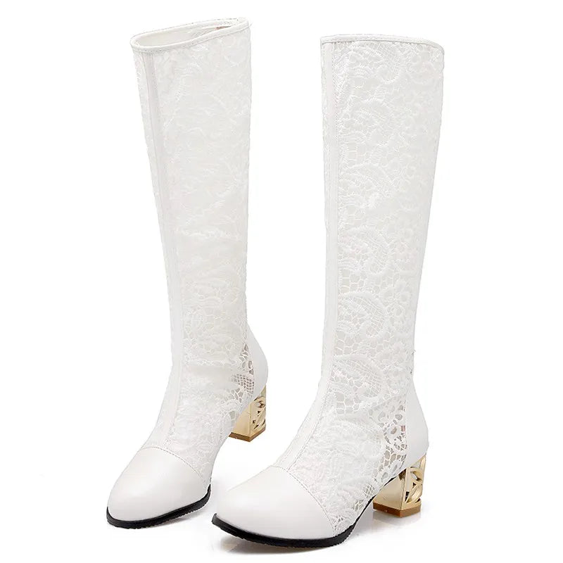 ORCHA LISA Spring Summer Boots Shoes Women Med Heels Knee Flower Lace Female Zipper Glitter Sexy White BiG Size 43 44 45