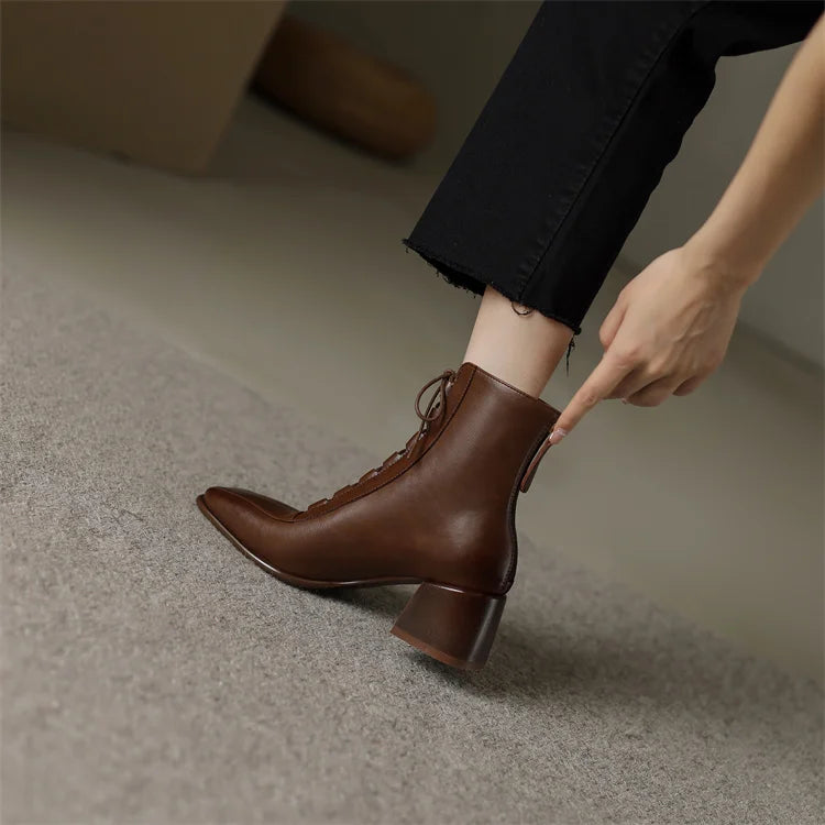 2026 Fashion Women Shoes Split Leather Short Boots Square Toe Chunky Boots Winter Shoes Women Solid High Heel Boots for Women