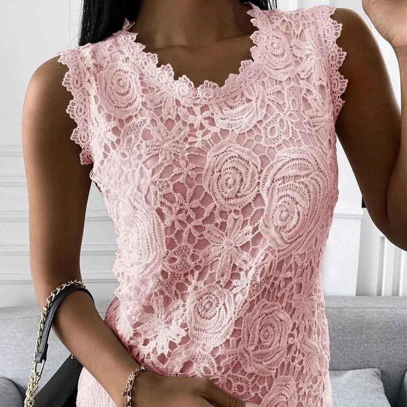 Summer Floral Lace Sleeveless Blouse O Neck Tank Top For Women Rose Pattern