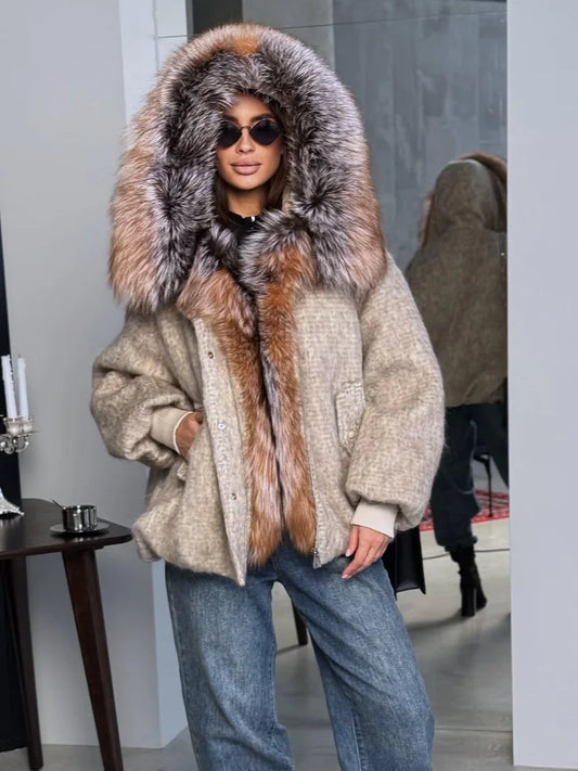 Chic Faux Fur Collar Patchwork Woolen Coat Women Casual Lapel Full Sleeve Zipper Loose Warm Coats Lady Commute Office Outerwears