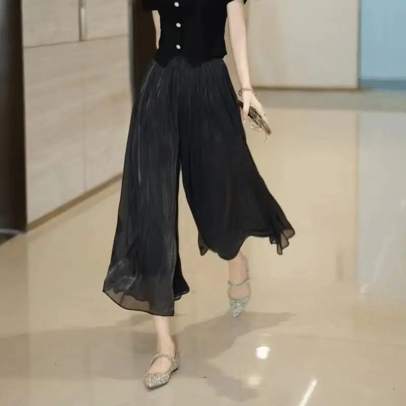 Summer Flowing Ice Silk Wide Leg Pants Women's plus Size Slimming Miniature Eighteen Skirt Pants High Waist Straight Leg Pants