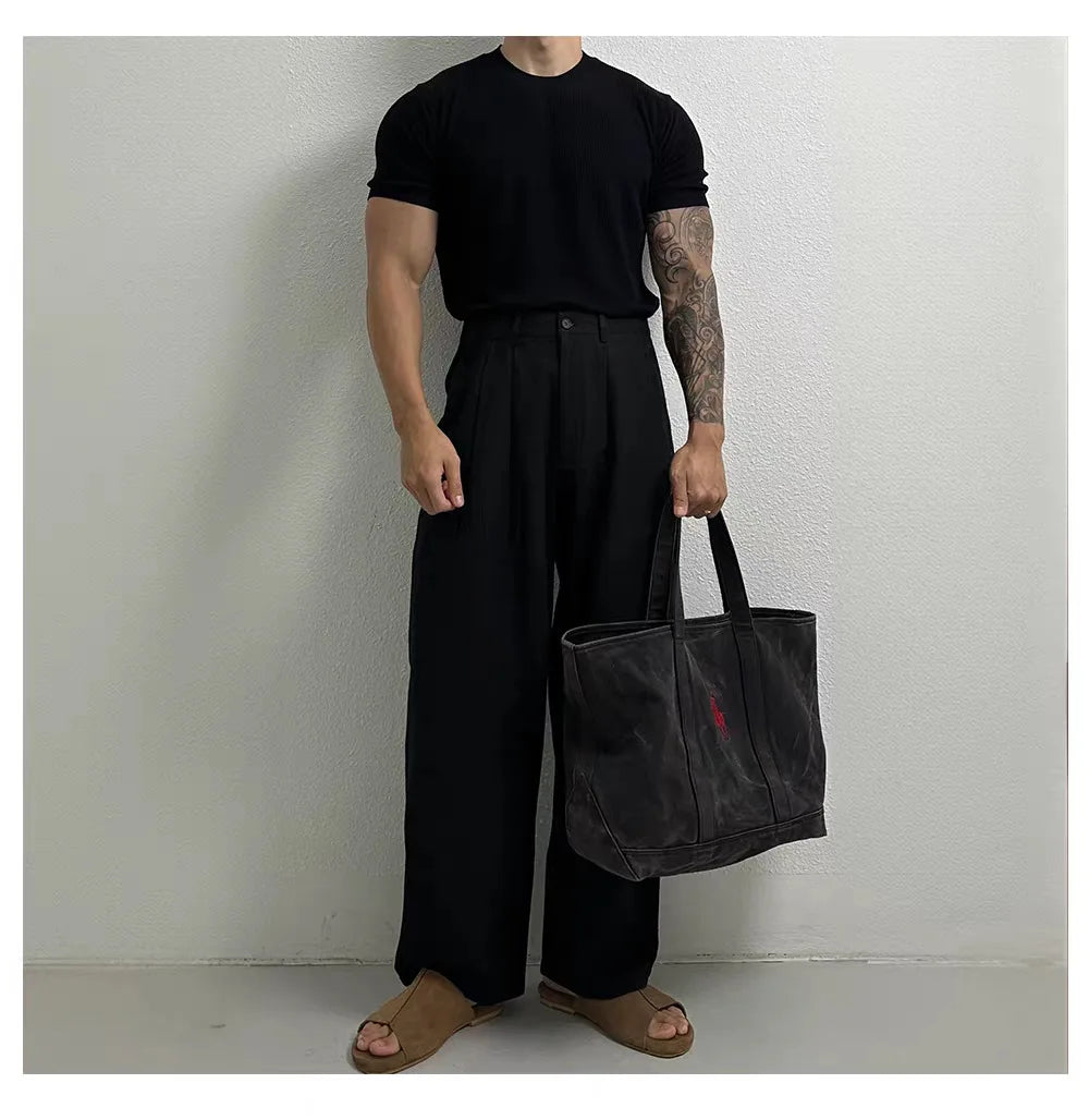 New Men's Cotton Linen Workwear Trousers Draped Wide Leg Pants Light Luxury Leisure Solid Straight Trousers Premium Sweatpants