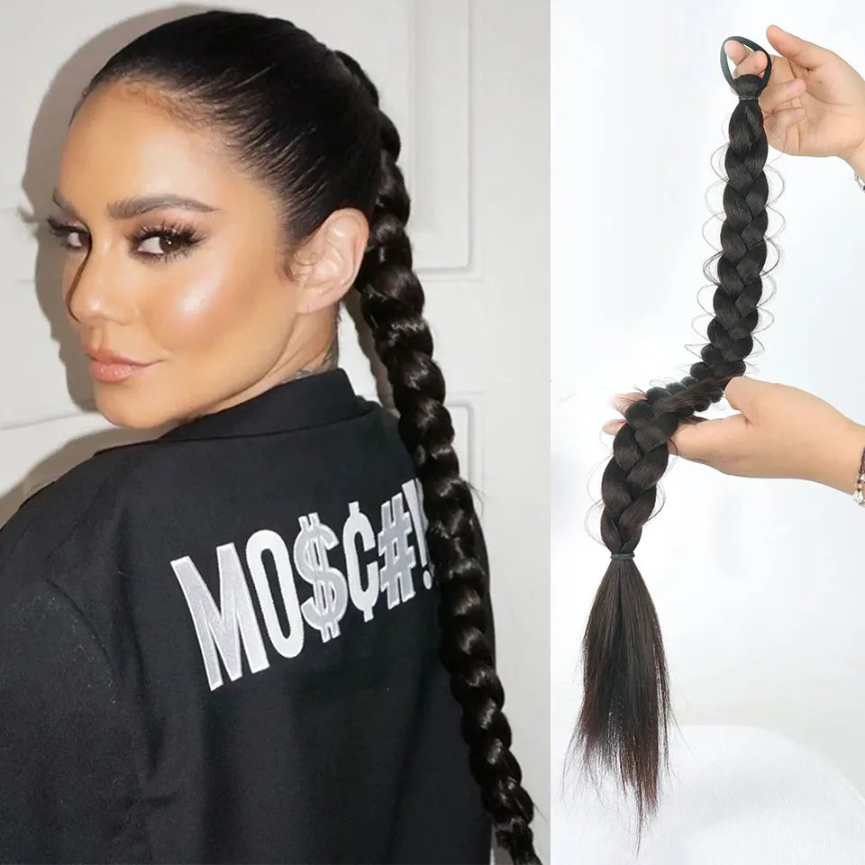 Synthetic Braided Ponytail Hair Extension With Rubber Band Boxing Braids For Women Hair Accessories 24Inch Long Black Braids