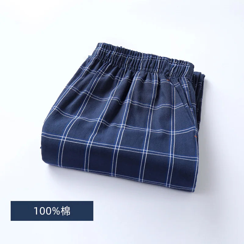 Spring Summer High Quality Pants Men 100% Cotton Sleep Bottoms Male Plus Size Night Trousers Men Casual Loose Plaid Home Pants