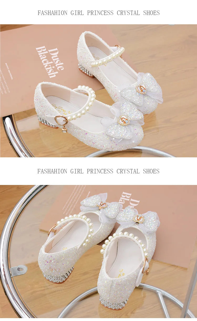 Girls' Shoes High Heels for Kids Elegant Girl Shoes Party Sequin Child Girl Heel Shoe Church First Communion White Princess Shoe