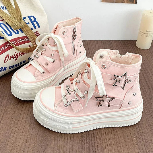 Y2K Pink High-top Canvas Shoes for Women Design Rivet Buckle Lace-up Platform Women's Summer Sports Shoes Fashion Board-shoe