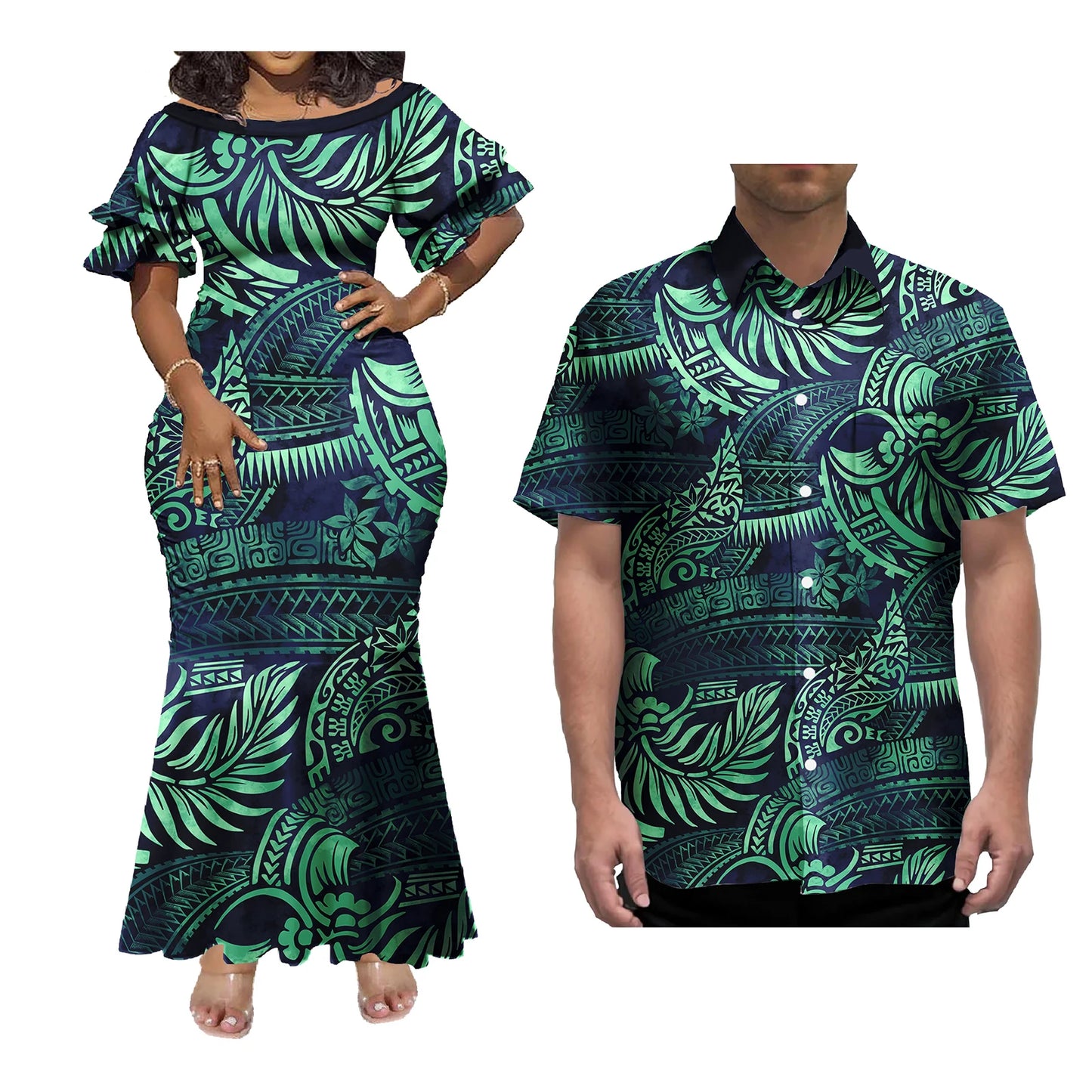 Mermaid Dress And Buttons Shirt Polynesian Couple 2 Pcs Set Plus Size Party Samoan Puletasi Matching Couple Outfits