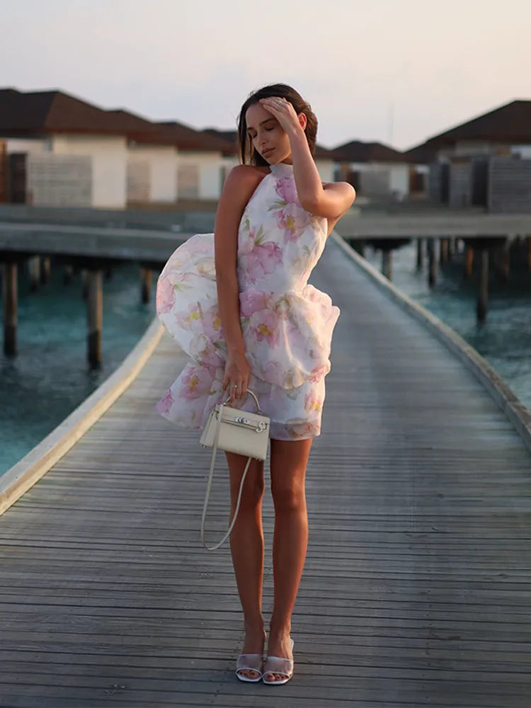 Printed Halter Ruffles Short Dress Women Glamorous Sleeveless Backless Lace Up Party Evening Dresses Chic Ladies Ball Gown New