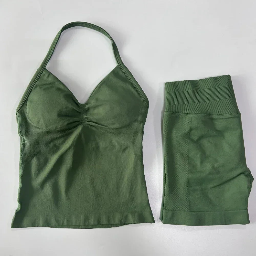 2 Pieces Sports Set Women Backless Tank Tops High Waist Scrunch Seamless Shorts Sport Suit Gym Set Sportswear Workout Set