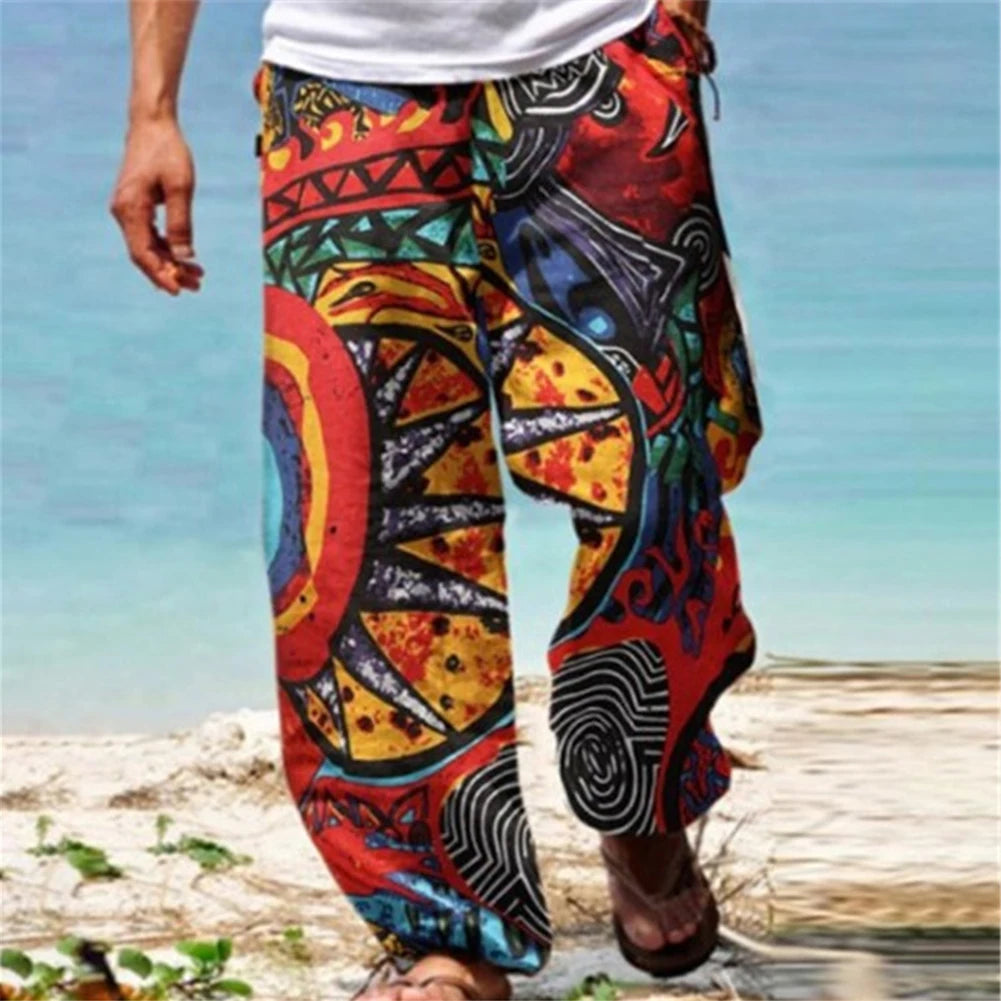 Mens Casual Baggy Harem Pants Elastic Waist Beach Loose Wide Leg Hippy Trousers