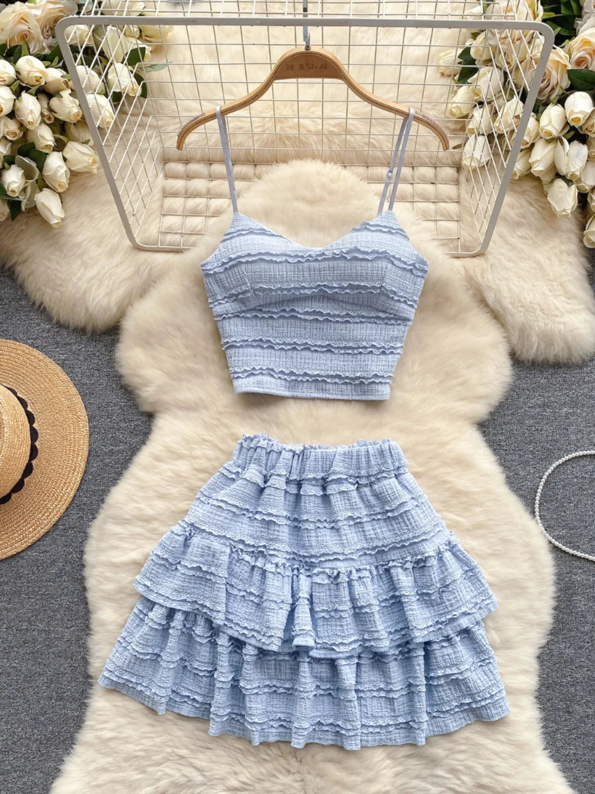 Sexy Two Pieces Sets Forwomen Chic Sexy Short Straps Tank Top with High Waist Mini Skirt Suit Summer Sweet Pleated Skirt