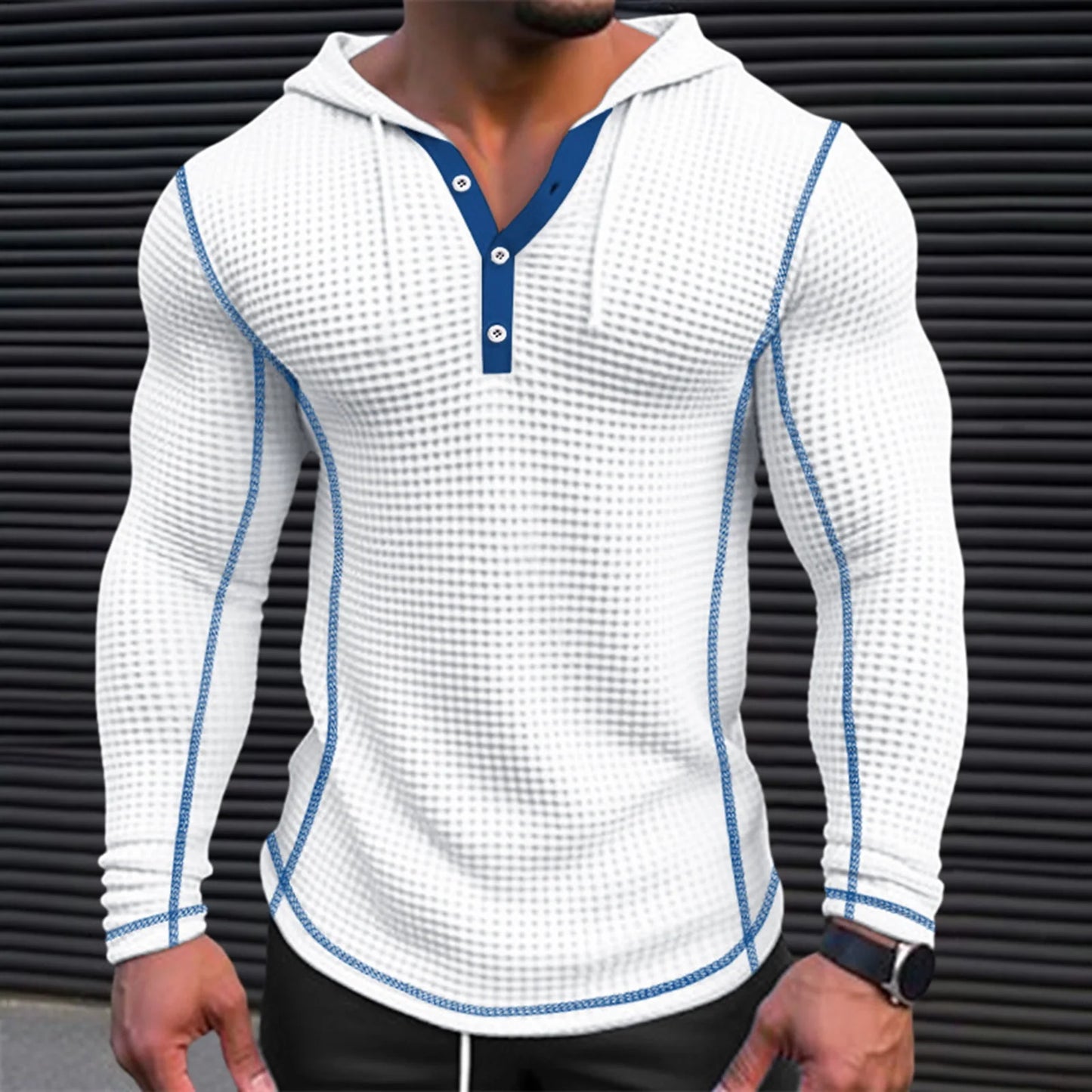 Spring Solid Color Slim Fit Long Sleeved T-shirt, Men's Hooded Breathable Sports Top, Waffle Cotton Casual Long Sleeved Shirt