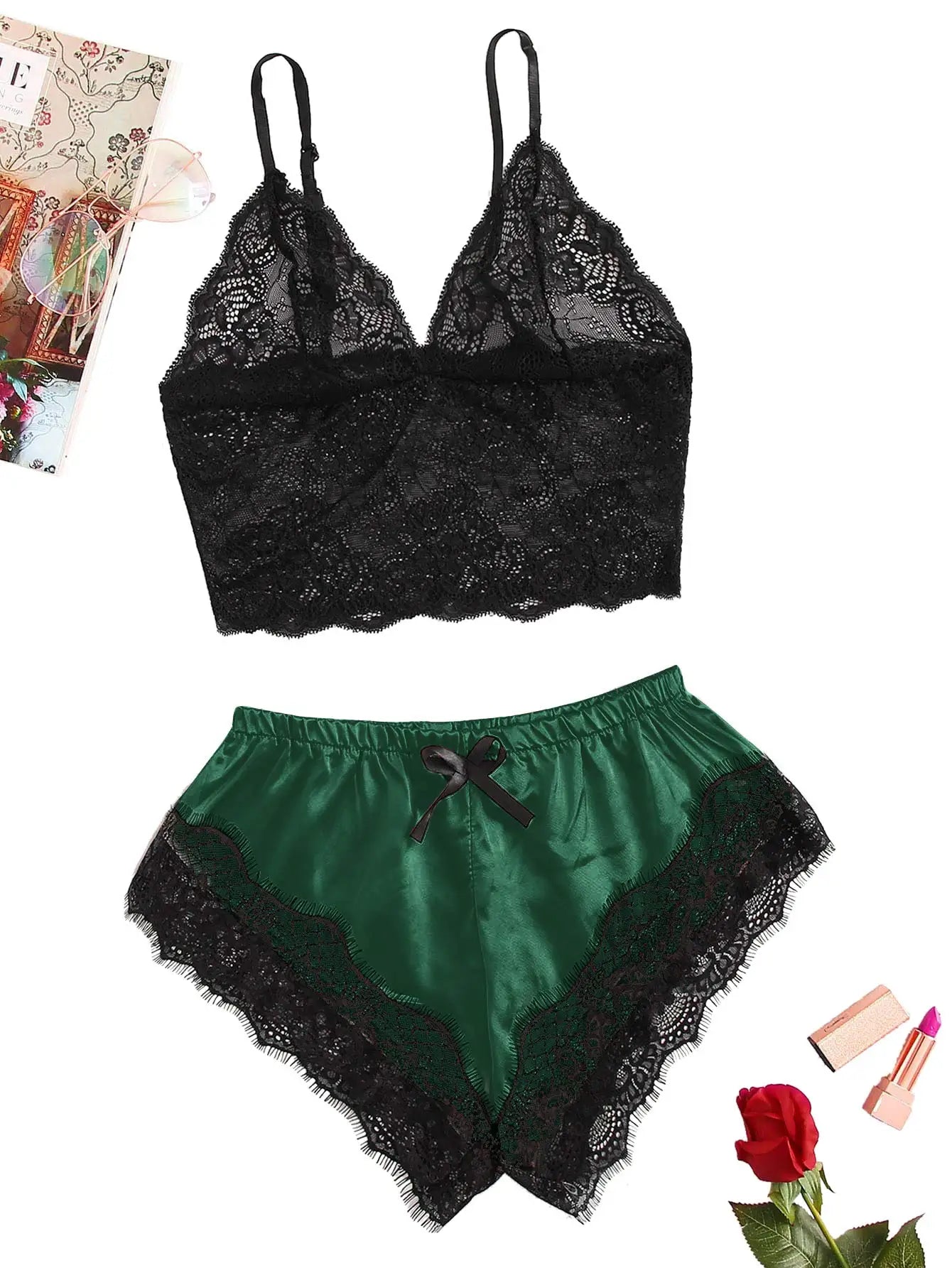 Women's 2 Piece Sexy Lace Pajama Set See-Through Bralette Cami Top and Shorts Breathable Sleepwear Plus Size Summer Lingerie