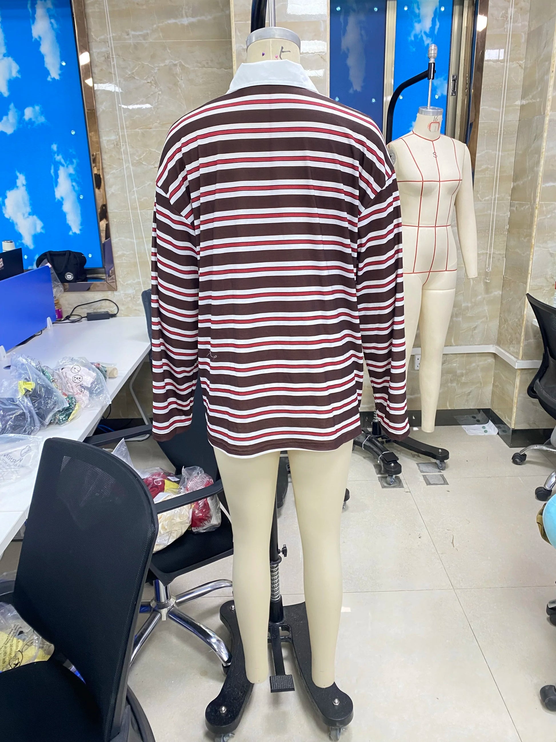 Combhasaki Women Y2K Vintage Retro Sweatshirts Long Sleeve Lapel Button V-Neck Pullover Top Loose Striped Rugby Polo Tee Shirts BAZAARHUBO