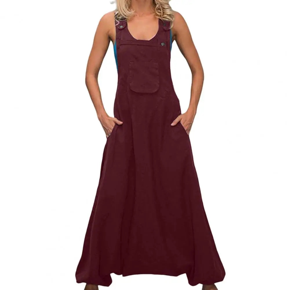 Women Summer Loose Thin Jumpsuits Harem Pants Wide Leg Pants Sleeveless Pockets Bib Jumpsuit Siamese Trousers Large Size S-5XL